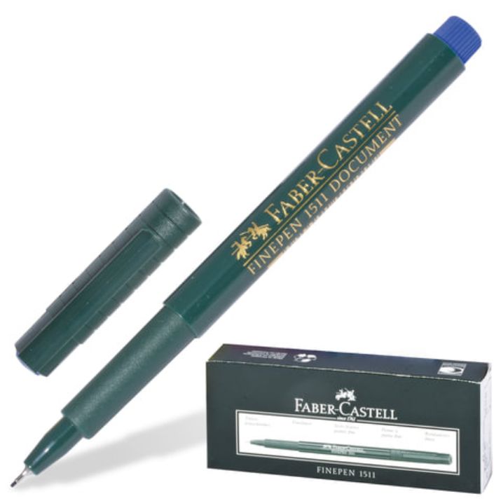 Изображение Ручка капиллярная (линер) FABER-CASTELL "Finepen 1511", СИНЯЯ, корпус темно-зеленый, линия письма 0,4 мм, 151151