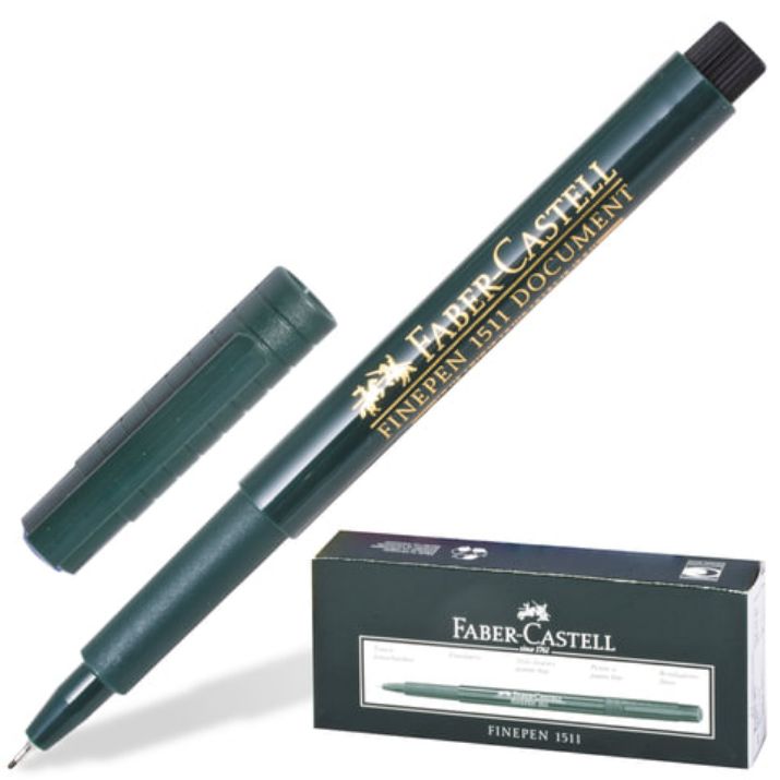 Изображение Ручка капиллярная (линер) FABER-CASTELL "Finepen 1511", ЧЕРНАЯ, корпус темно-зеленый, линия 0,4 мм, 151199