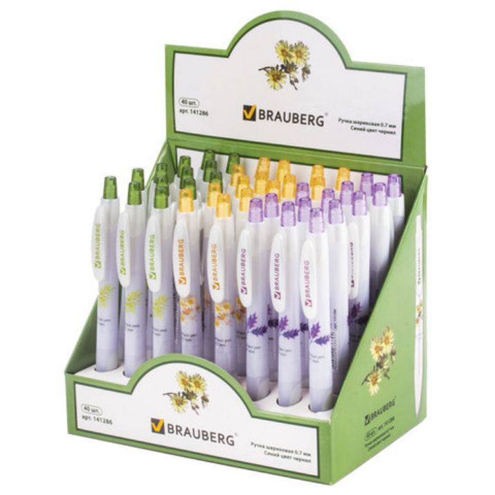 Изображение Ручка шариковая автоматическая с грипом BRAUBERG "Herb Time", СИНЯЯ, корпус ассорти, узел 0,7 мм, линия письма 0,35 мм, 141286