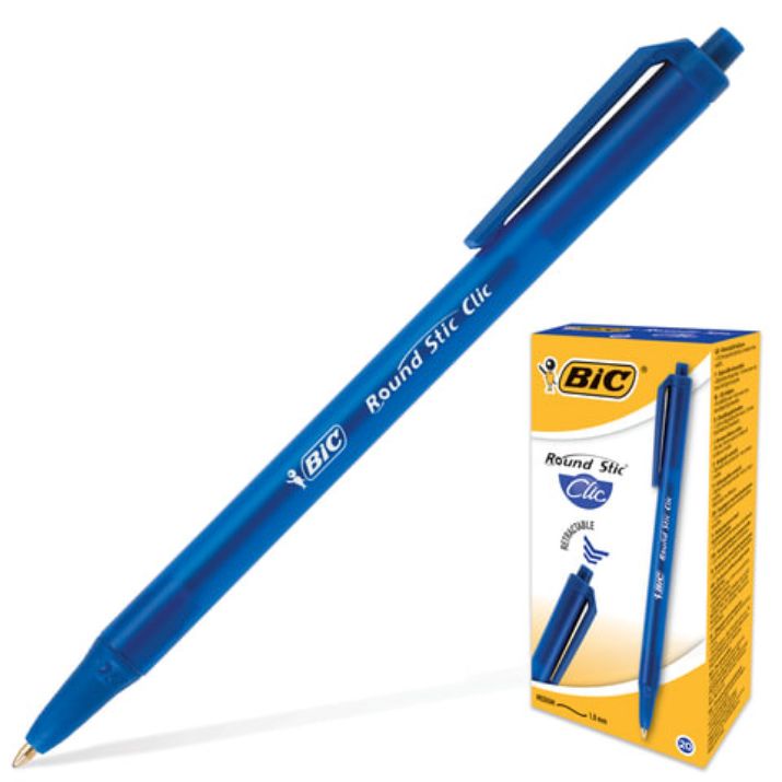 Изображение Ручка шариковая автоматическая BIC "Round Stic Clic", СИНЯЯ, узел 1 мм, линия письма 0,32 мм, 926376