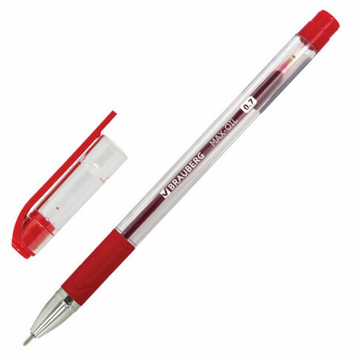 Изображение Ручка шариковая масляная с грипом BRAUBERG "Max-Oil", КРАСНАЯ, игольчатый узел 0,7 мм, линия письма 0,35 мм, 142143
