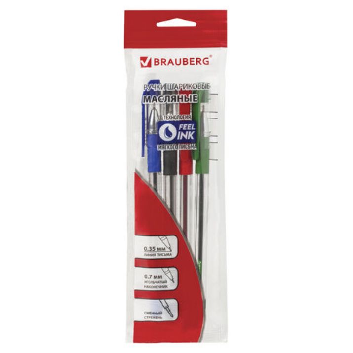 Изображение Ручки шариковые масляные BRAUBERG, НАБОР 4 шт., АССОРТИ, "Max-Oil", узел 0,7 мм, линия письма 0,35 мм, 142146