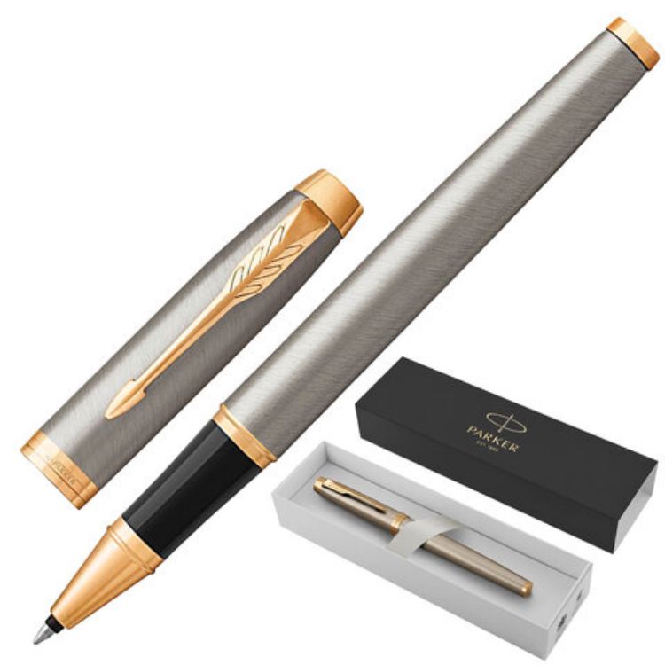 Изображение Ручка-роллер PARKER "IM Core Brushed Metal GT", серебристый матовый лак, позолота, черная, 1931663