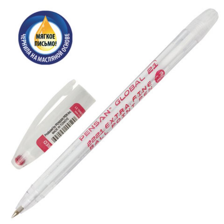 Изображение Ручка шариковая масляная PENSAN "Global-21", КРАСНАЯ, корпус прозрачный, узел 0,5 мм, линия письма 0,3 мм, 2221, 2221/12