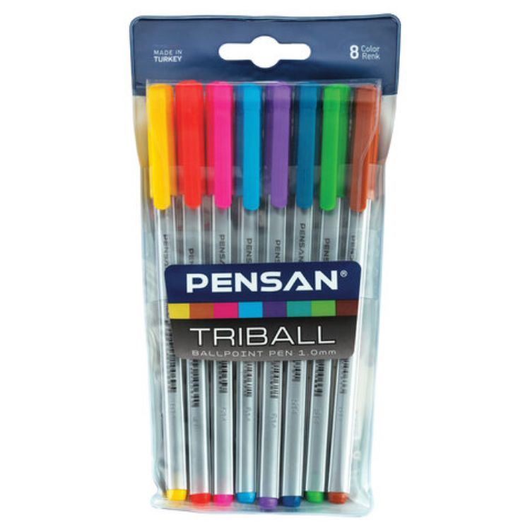 Изображение Ручки шариковые масляные PENSAN "Triball Colored", НАБОР 8 шт., АССОРТИ, узел 1 мм, линия письма 0,5 мм, 1003/PVC8