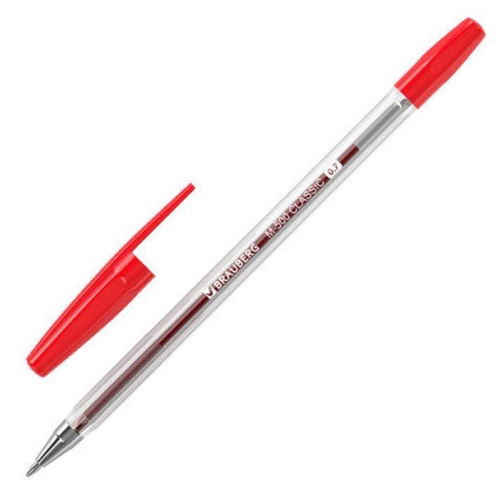 Изображение Ручка шариковая BRAUBERG "M-500 CLASSIC", КРАСНАЯ, корпус прозрачный, узел 0,7 мм, линия письма 0,35 мм, 143446