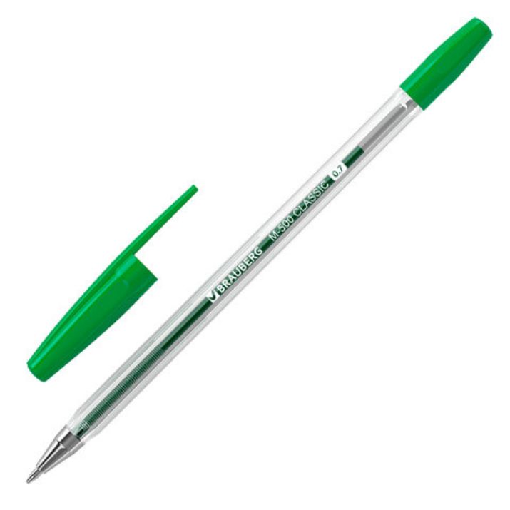 Изображение Ручка шариковая BRAUBERG "M-500 CLASSIC", ЗЕЛЕНАЯ, корпус прозрачный, узел 0,7 мм, линия письма 0,35 мм, 143447
