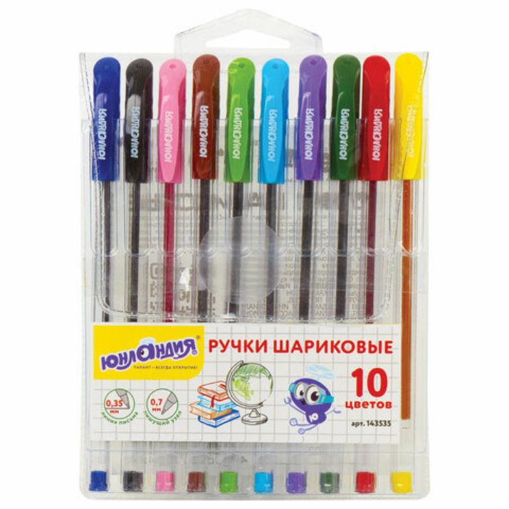 Изображение Ручки шариковые масляные ЮНЛАНДИЯ "КЛАССНАЯ", НАБОР 10 цветов, узел 0,7 мм, линия письма 0,35 мм, 143535