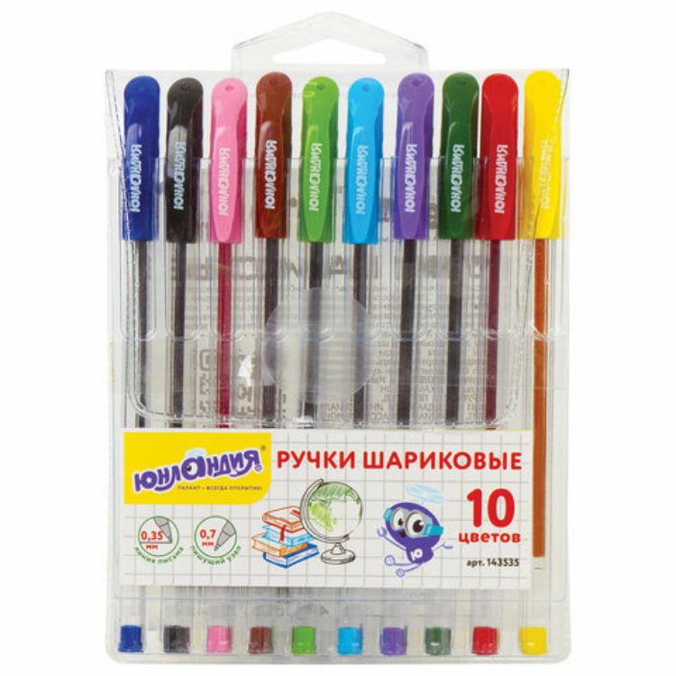Изображение Ручки шариковые масляные ЮНЛАНДИЯ "КЛАССНАЯ", НАБОР 10 цветов, узел 0,7 мм, линия письма 0,35 мм, 143535