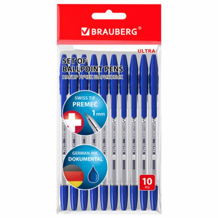 Изображение Ручки шариковые BRAUBERG "ULTRA", СИНИЕ, НАБОР 10 штук, корпус прозрачный, узел 1 мм, 143570