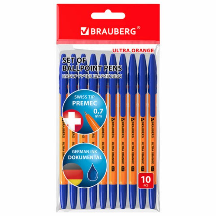 Изображение Ручки шариковые BRAUBERG "ULTRA ORANGE", СИНИЕ, НАБОР 10 штук, корпус оранжевый, узел 0,7 мм, 143571