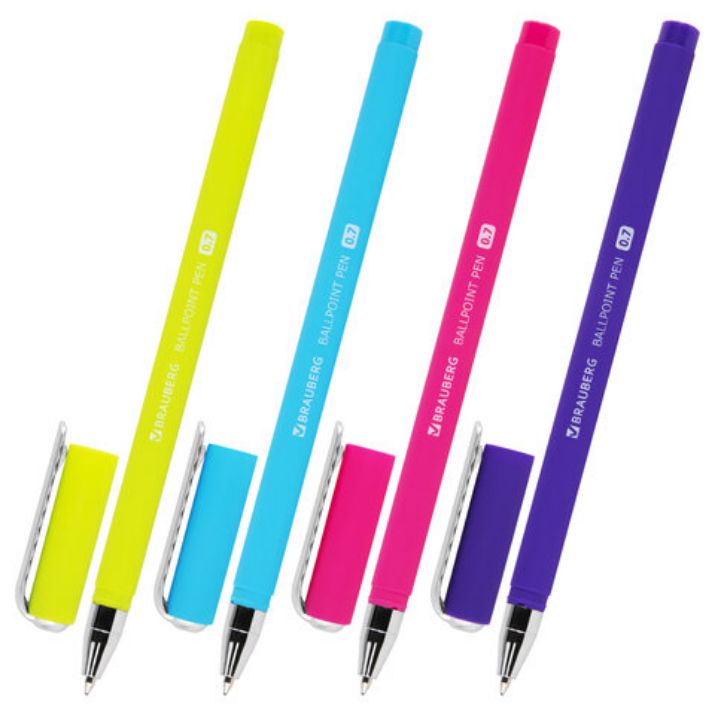 Изображение Ручка шариковая BRAUBERG SOFT TOUCH STICK "NEON", СИНЯЯ, мягкое покрытие, корпус ассорти, узел 0,7 мм, 143697