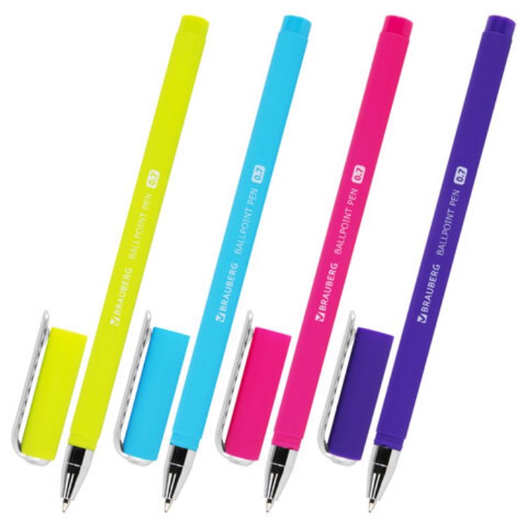 Изображение Ручка шариковая BRAUBERG SOFT TOUCH STICK "NEON", СИНЯЯ, мягкое покрытие, корпус ассорти, узел 0,7 мм, 143697