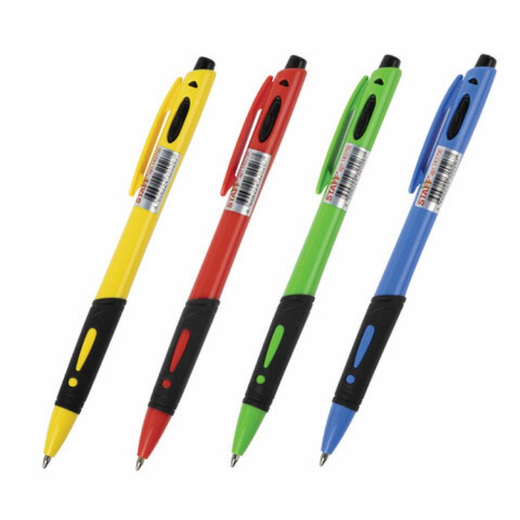Изображение Ручка шариковая автоматическая с грипом STAFF "BP-16 Neon", СИНЯЯ, ассорти, линия письма 0,35 мм, 143750