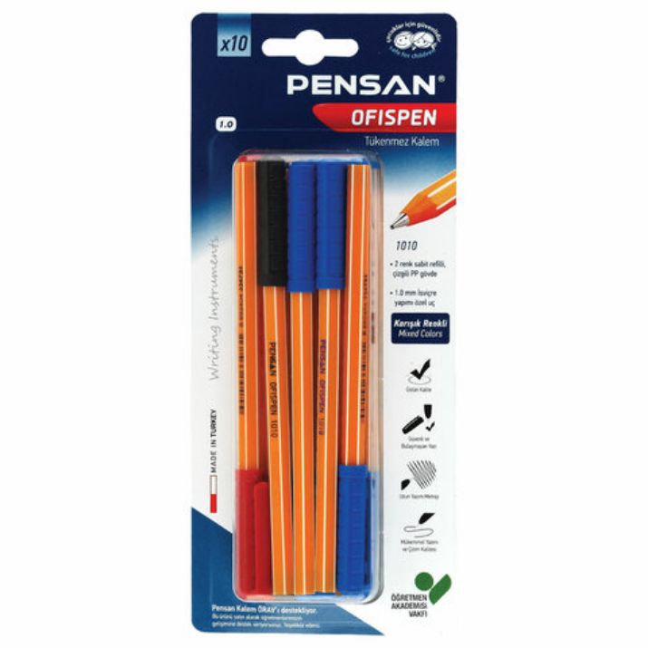 Изображение Ручки масляные PENSAN "Officepen", НАБОР 10 шт., АССОРТИ, узел 1 мм, линия письма 0,5 мм, 1010/B10