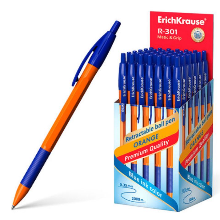 Изображение Ручка шариковая автоматическая с грипом ERICH KRAUSE "R-301 Orange", СИНЯЯ, узел 1,0 мм, линия письма 0,35 мм, 46762