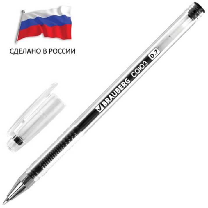 Изображение Ручка гелевая РОССИЯ "СОЮЗ", ЧЕРНАЯ, корпус прозрачный, 0,7 мм, линия письма 0,5 мм, BRAUBERG, 143963