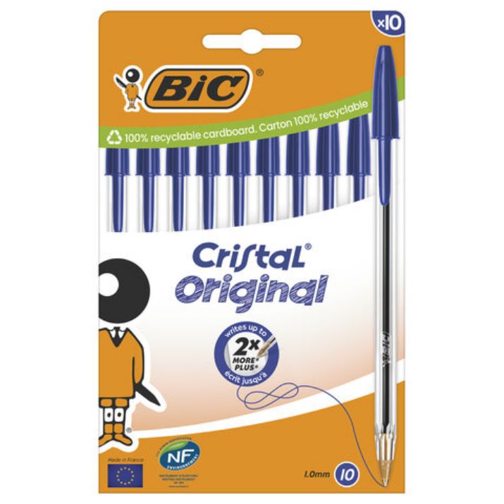 Изображение Ручки шариковые BIC "Cristal Original", НАБОР 10 шт., СИНИЕ, узел 1 мм, линия письма 0,32 мм, пакет, 830863