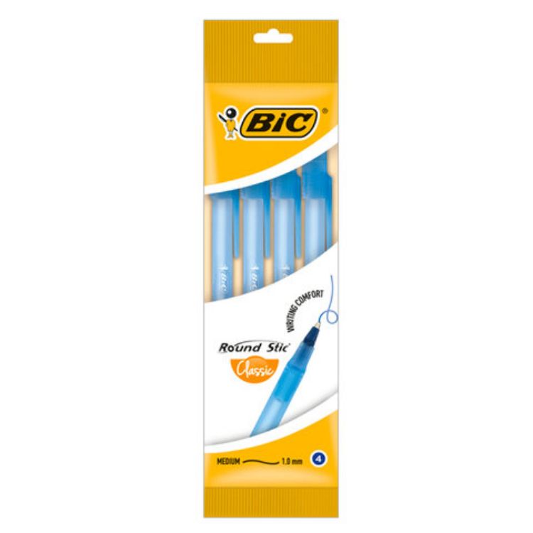 Изображение Ручки шариковые BIC "Round Stic", НАБОР 4 шт., СИНИЕ, узел 1 мм, линия письма 0,32 мм, пакет, 944176