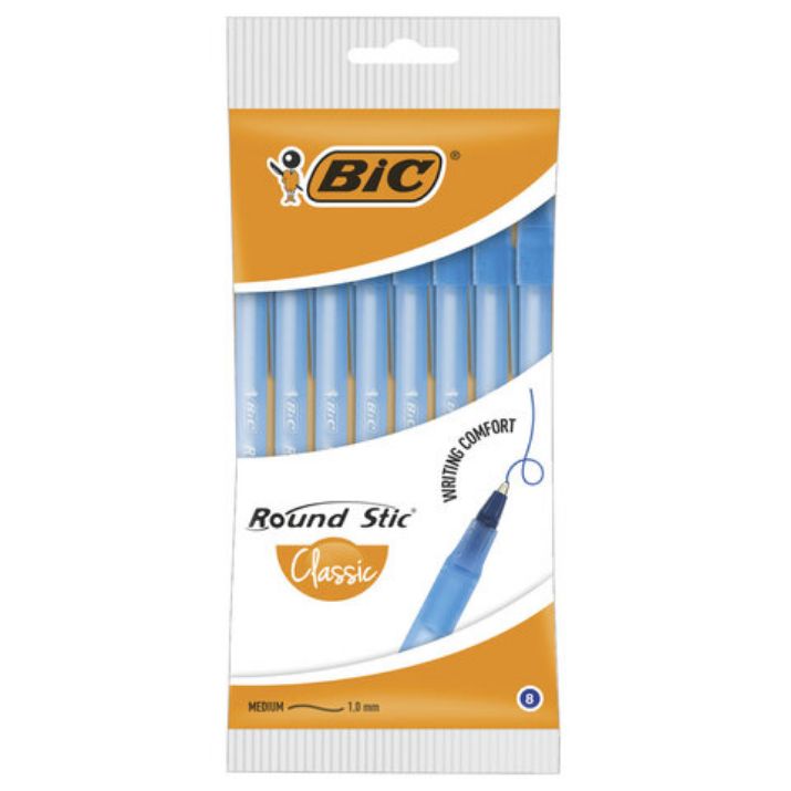 Изображение Ручки шариковые BIC "Round Stic", НАБОР 8 шт., СИНИЕ, узел 1 мм, линия письма 0,32 мм, пакет, 928497