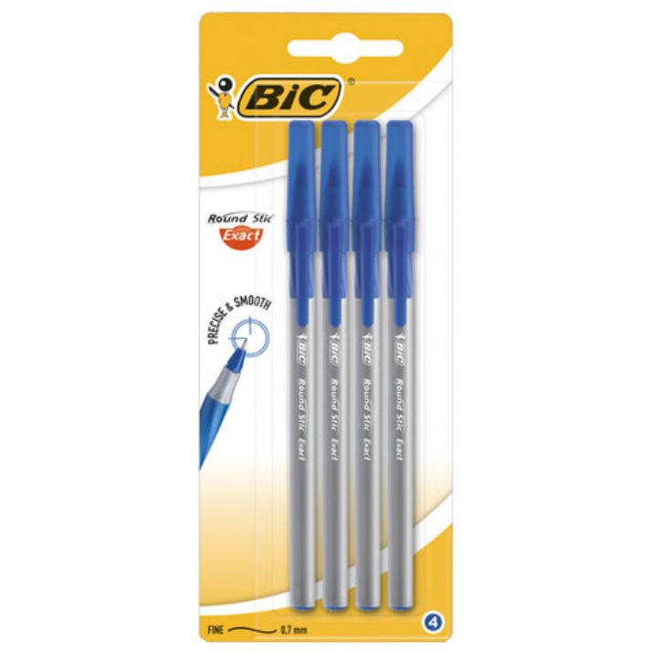 Изображение Ручки шариковые с грипом BIC "Round Stic Exact", НАБОР 4 шт., СИНИЕ, линия письма 0,28 мм, блистер, 932857