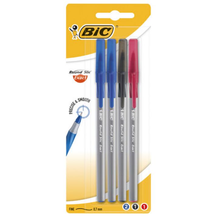 Изображение Ручки шариковые с грипом BIC "Round Stic Exact", НАБОР 4 шт./3 ЦВЕТА (синий, черный, красный), линия письма 0,28 мм, блистер, 932858