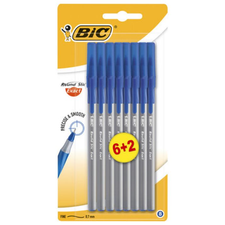 Изображение Ручки шариковые с грипом BIC "Round Stic Exact", НАБОР 6+2 шт., СИНИЕ, линия письма 0,28 мм, блистер, 932862