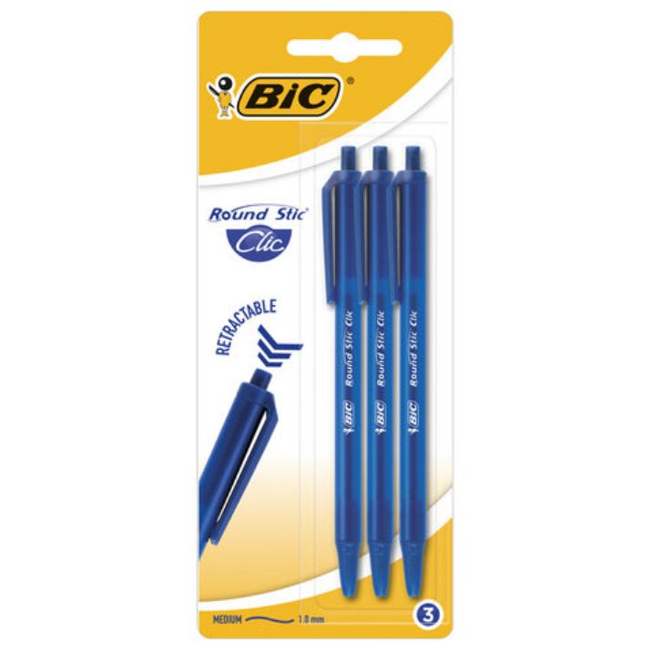 Изображение Ручки шариковые автоматические BIC "Round Stic Clic", НАБОР 3 шт., СИНИЕ, линия письма 0,32 мм, блистер, 926374