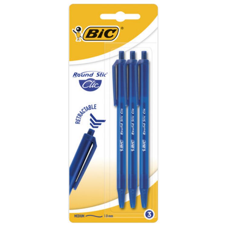 Изображение Ручки шариковые автоматические BIC "Round Stic Clic", НАБОР 3 шт., СИНИЕ, линия письма 0,32 мм, блистер, 926374