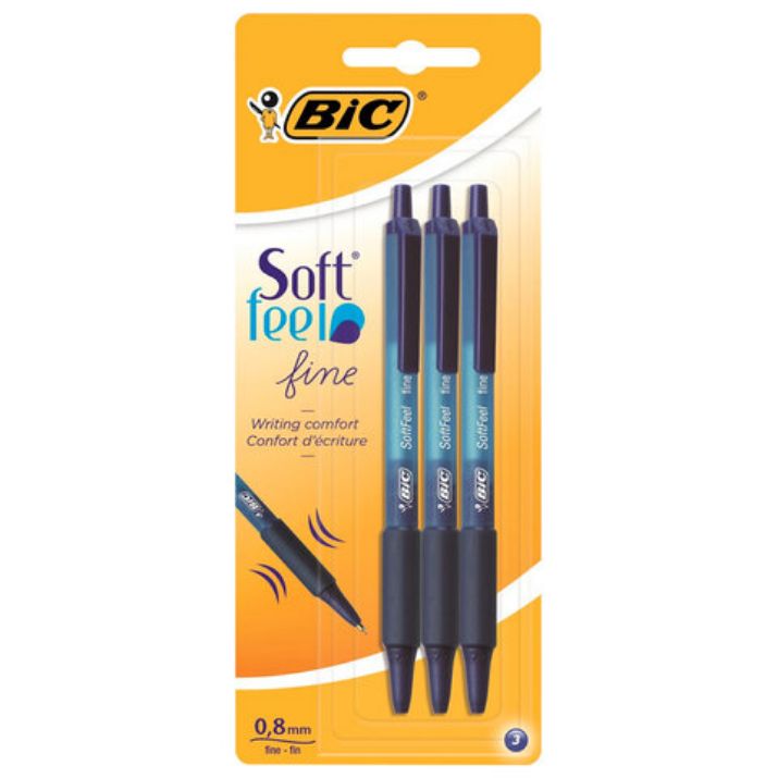 Изображение Ручки шариковые автоматические с грипом BIC "Soft Feel Fine", НАБОР 3 шт., линия письма 0,8 мм, блистер, 893221