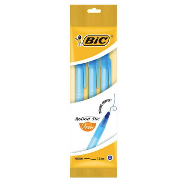 Изображение Ручки шариковые BIC "Round Stic", НАБОР 3 шт., СИНИЕ, узел 1 мм, линия письма 0,32 мм, пакет, 9021522