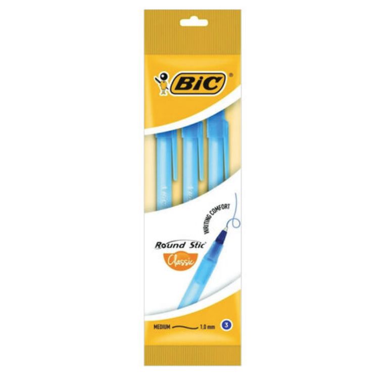 Изображение Ручки шариковые BIC "Round Stic", НАБОР 3 шт., СИНИЕ, узел 1 мм, линия письма 0,32 мм, пакет, 9021522