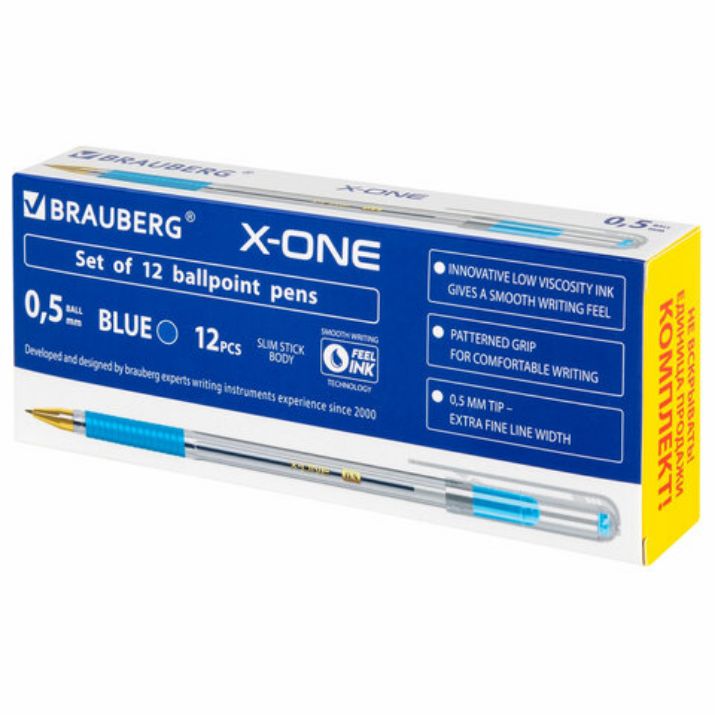 Изображение Ручка шариковая с грипом BRAUBERG "X-ONE", КОМПЛЕКТ 12 ШТУК, СИНЯЯ, узел 0,5 мм, линия письма 0,35 мм, 143986