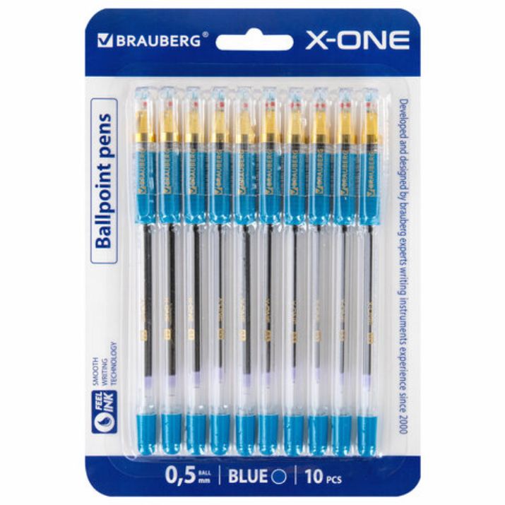 Изображение Ручки шариковые с грипом BRAUBERG "X-ONE", НАБОР 10 ШТУК, СИНИЕ, корпус прозрачный, узел 0,5 мм, линия письма 0,35 мм, 143990