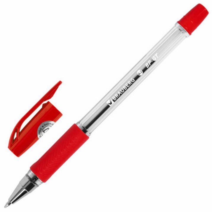 Изображение Ручка шариковая BRAUBERG "BP-GT", КРАСНАЯ, корпус прозрачный, евронаконечник 0,7 мм, линия письма 0,35 мм, 144007
