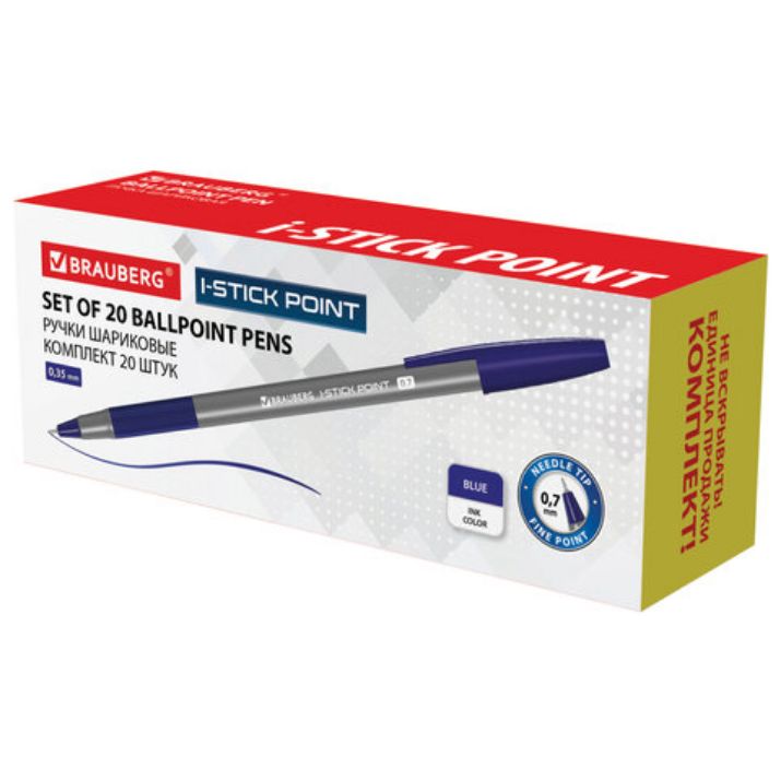 Изображение Ручка шариковая с грипом BRAUBERG "i-STICK POINT", КОМПЛЕКТ 20 шт., СИНЯЯ, линия письма 0,35 мм, 144024