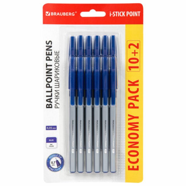 Изображение Ручки шариковые с грипом BRAUBERG "i-STICK POINT", НАБОР 10+2 ШТ., СИНИЕ, линия письма 0,35 мм, блистер,144025