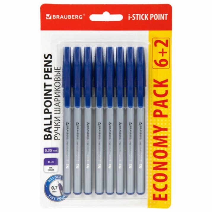 Изображение Ручки шариковые с грипом BRAUBERG "i-STICK POINT", НАБОР 6+2 ШТ., СИНИЕ, линия письма 0,35 мм, блистер, 144026