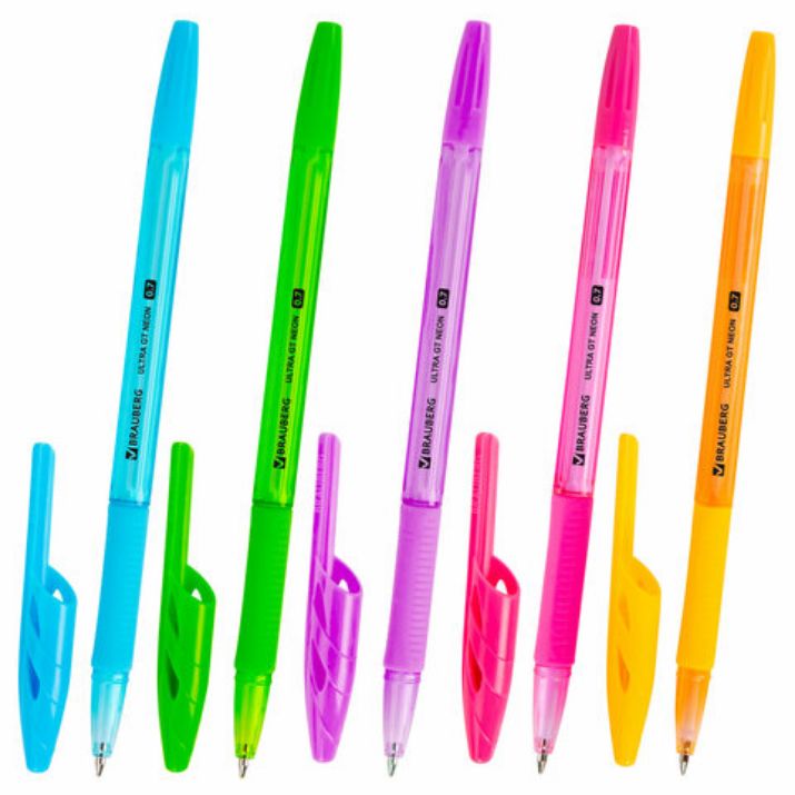 Изображение Ручка шариковая с грипом BRAUBERG "ULTRA GT NEON", СИНЯЯ, корпус ассорти, линия 0,35 мм, 144054