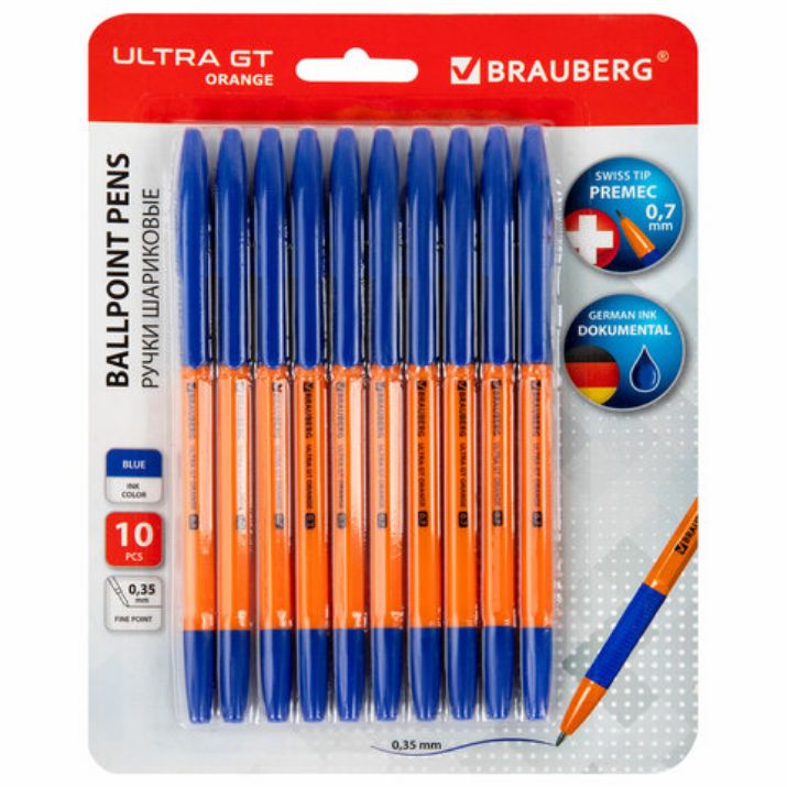 Изображение Ручки шариковые с грипом BRAUBERG "ULTRA GT ORANGE", НАБОР 10 ШТУК, СИНИЕ, 0,35 мм, блистер, 144057