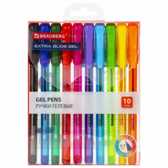 Изображение Ручки гелевые BRAUBERG "Extra Glide Gel", НАБОР 10 ЦВЕТОВ, трехгранные, игольчатый наконечник 0,7 мм, линия 0,5 мм, 144079