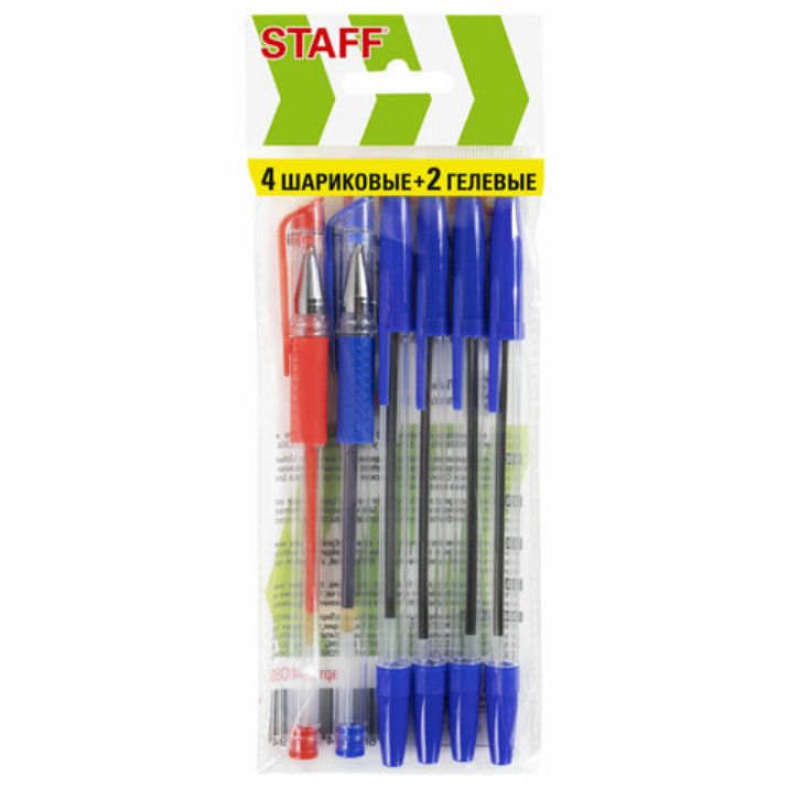 Изображение Ручки шариковые и гелевые STAFF "Basic ST-01", НАБОР 6 ШТУК, АССОРТИ, узел 0,7 мм, линия письма 0,35 мм, 144080