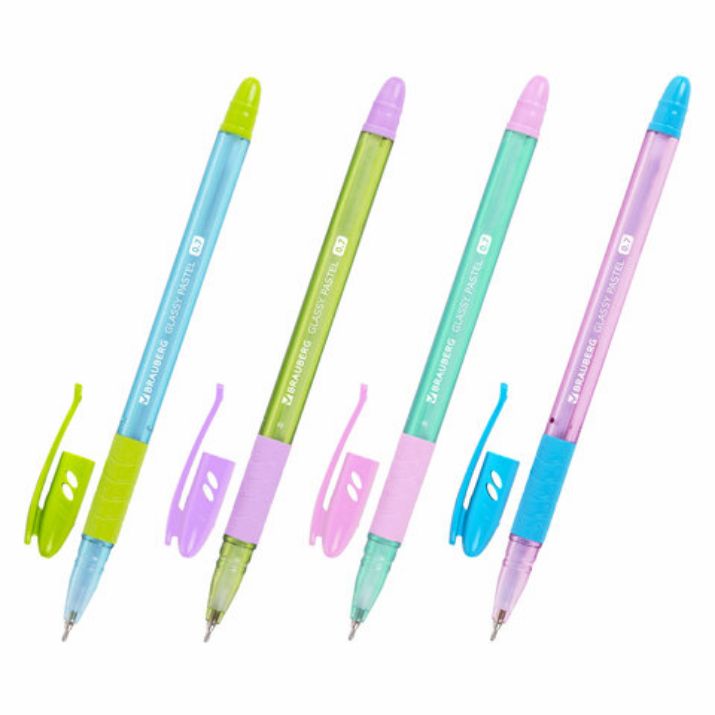 Изображение Ручка шариковая масляная с грипом BRAUBERG GLASSY PASTEL MIX, СИНЯЯ, корпус ассорти, линия 0,35 мм,144105