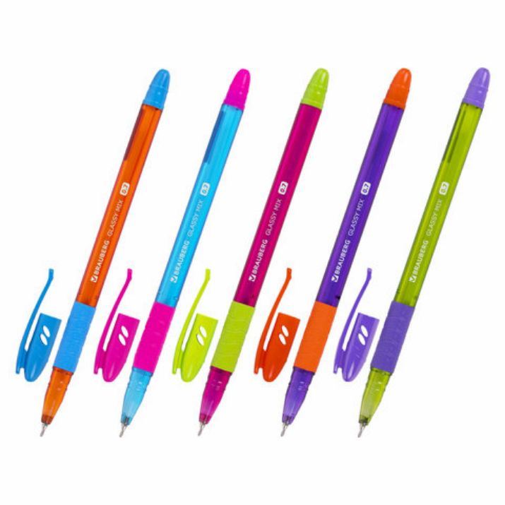 Изображение Ручка шариковая масляная с грипом BRAUBERG GLASSY MIX, СИНЯЯ, корпус ассорти, линия письма 0,35 мм, 144106
