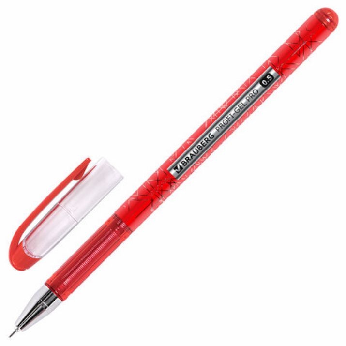 Изображение Ручка гелевая BRAUBERG "Profi-Gel PRO", КРАСНАЯ, линия письма 0,4 мм, игольчатый наконечник 0,5 мм, печать на корпусе, 144126
