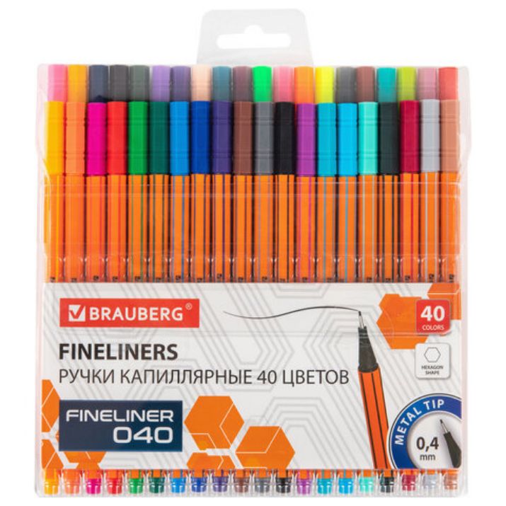Изображение Ручки капиллярные (линеры) 40 ЦВЕТОВ, BRAUBERG "FINE 040", шестигранные, линия 0,4 мм, 144146
