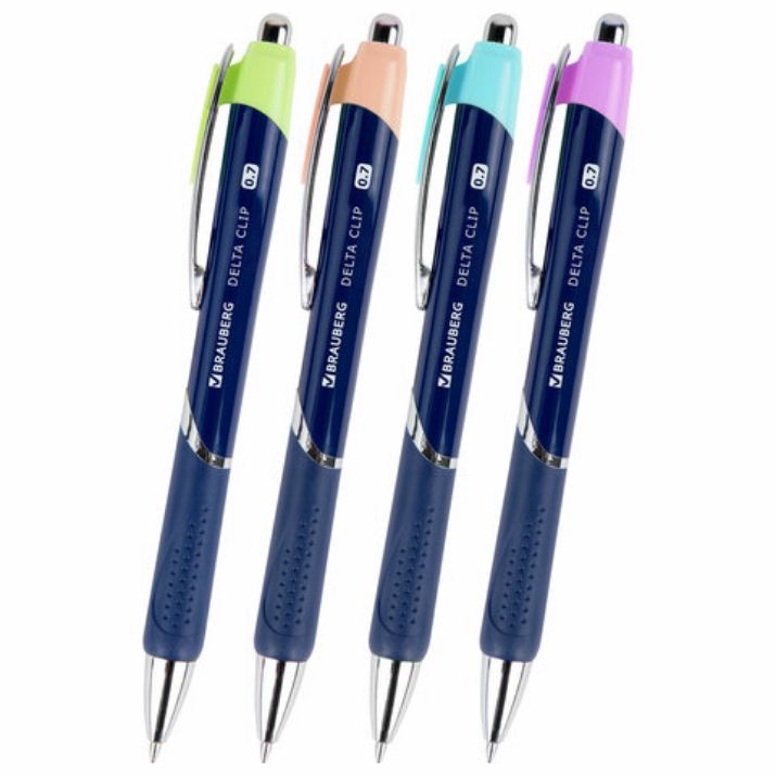 Изображение Ручка шариковая автоматическая с грипом BRAUBERG DELTA CLIP, СИНЯЯ, ассорти, узел 0,7 мм, линия письма 0,35 мм,144201