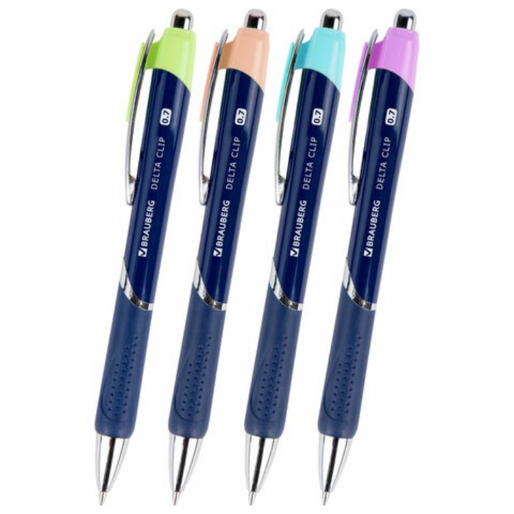 Изображение Ручка шариковая автоматическая с грипом BRAUBERG DELTA CLIP, СИНЯЯ, ассорти, узел 0,7 мм, линия письма 0,35 мм,144201