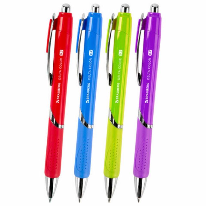 Изображение Ручка шариковая автоматическая с грипом BRAUBERG DELTA COLOR, СИНЯЯ, ассорти, узел 0,7 мм, линия письма 0,35 мм, 144202