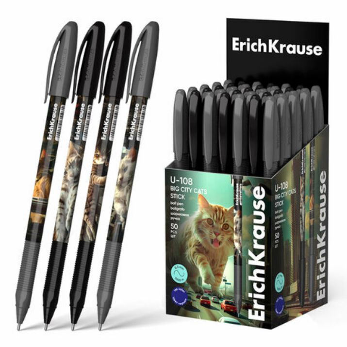 Изображение Ручка шариковая масляная ERICH KRAUSE U-108 "Stick Big City Cats", СИНЯЯ, узел 1 мм, линия 0,5 мм, 63103